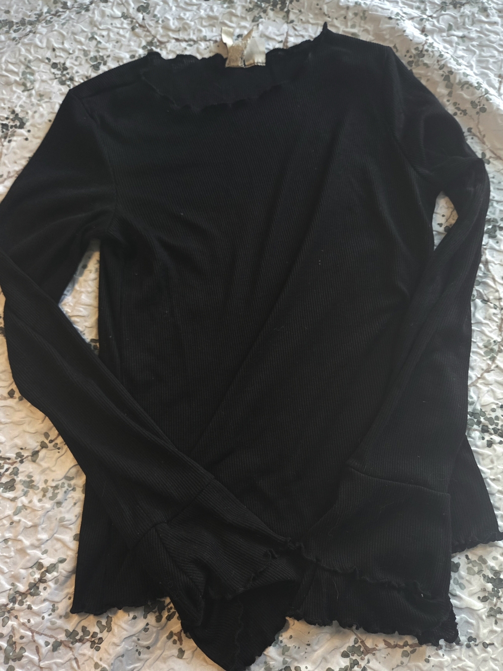 H&M Black Ribbed Long Sleeve Top with Ruffle Edges